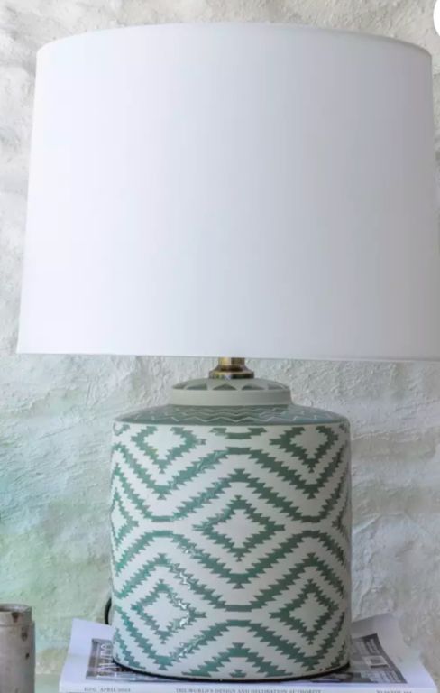 Ceramic Green And White Ikat Base And Shade